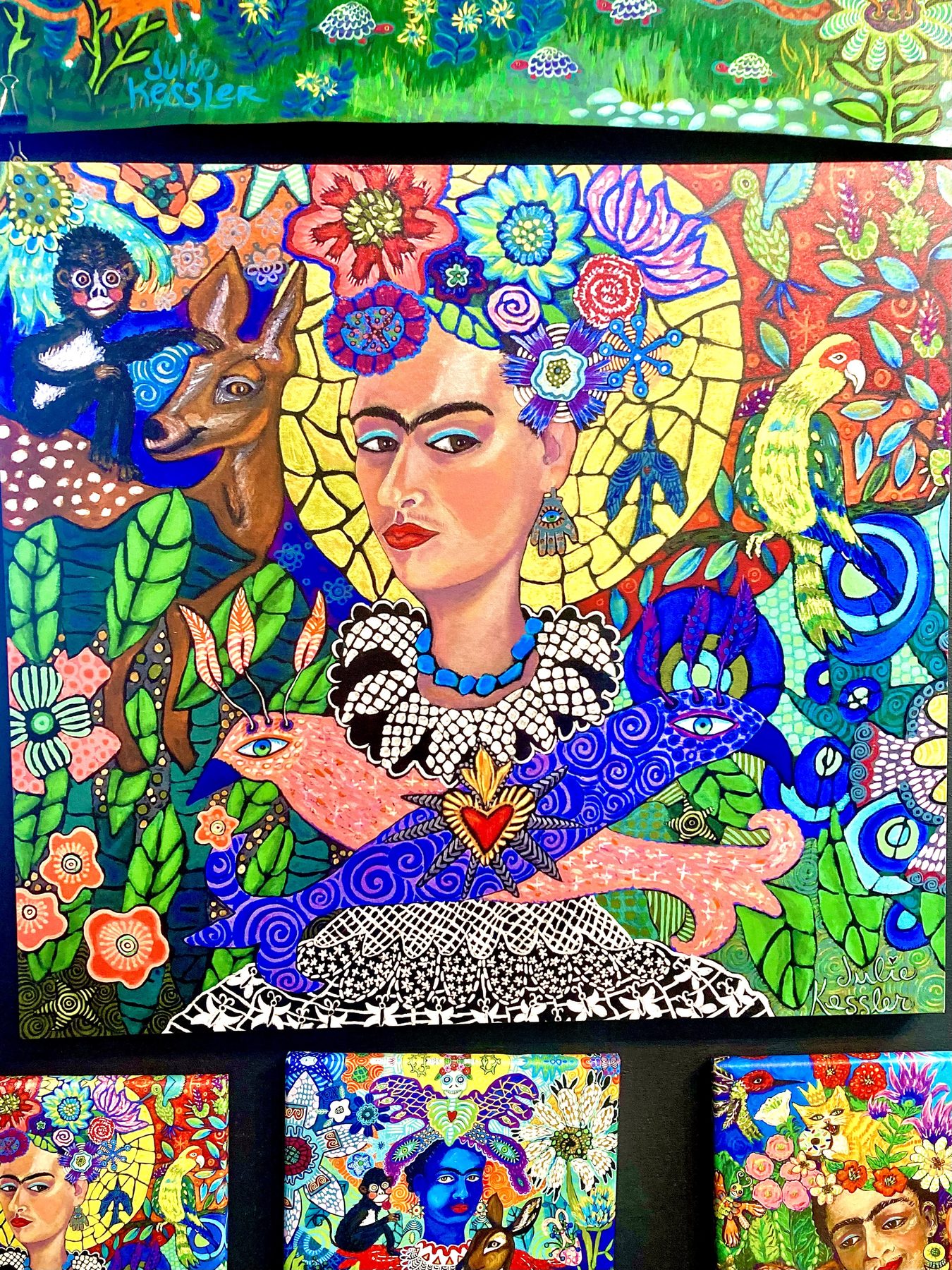 Colorful folk art portrait in the style of Frida Kahlo