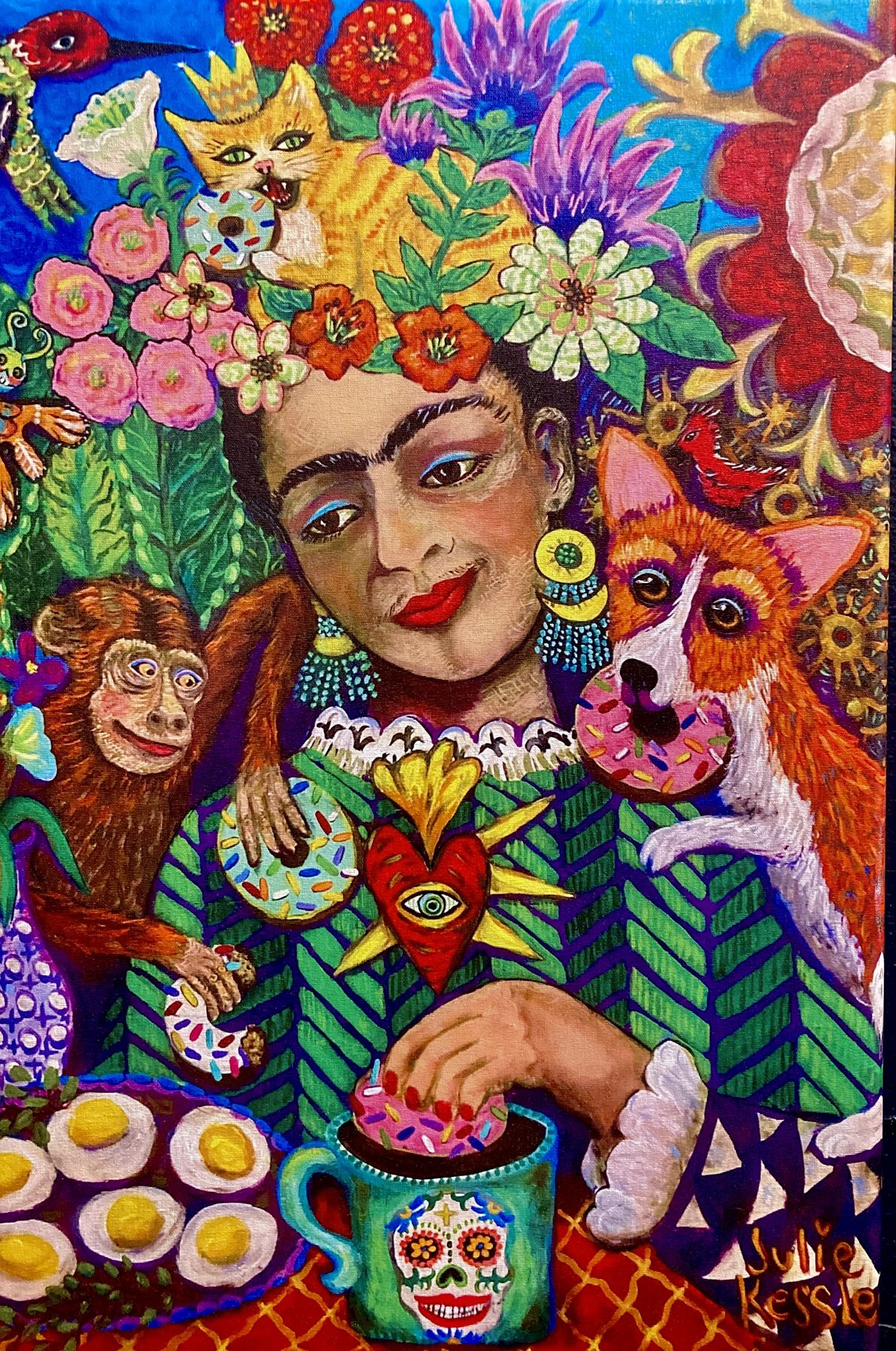 Folk art portrait with flowers and birds