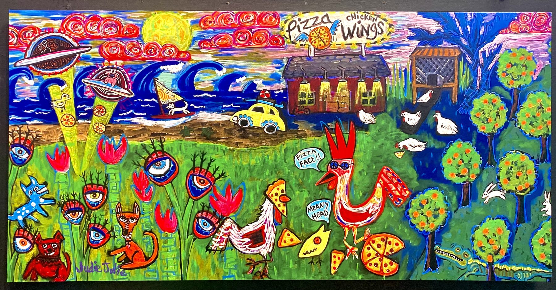 Wide folk art landscape with colorful figures and animals