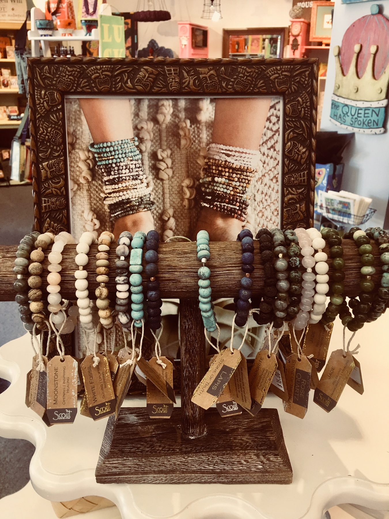 Beaded bracelets on a display stand