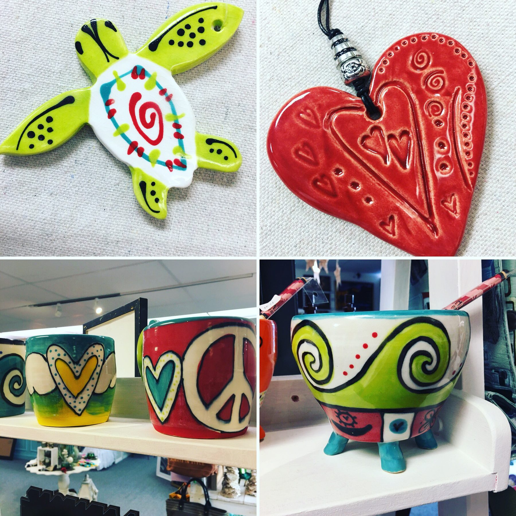 Hand-painted ceramic turtle, heart and peace sign