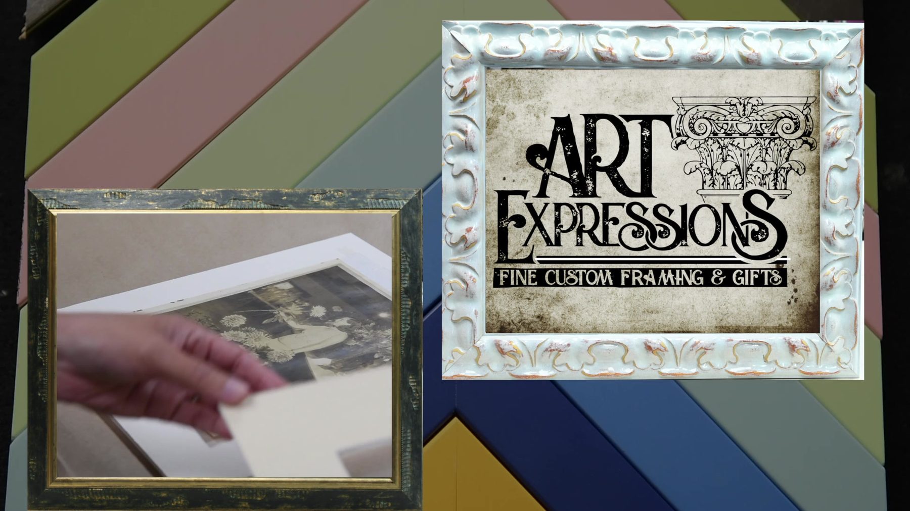 Art Expressions sign beside a frame sample