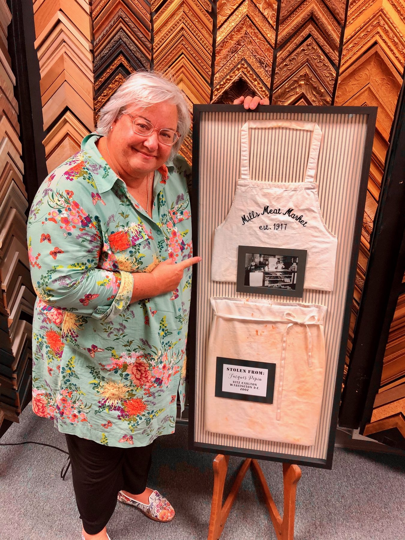 Keepsake apron shadow box, at the sample wall
